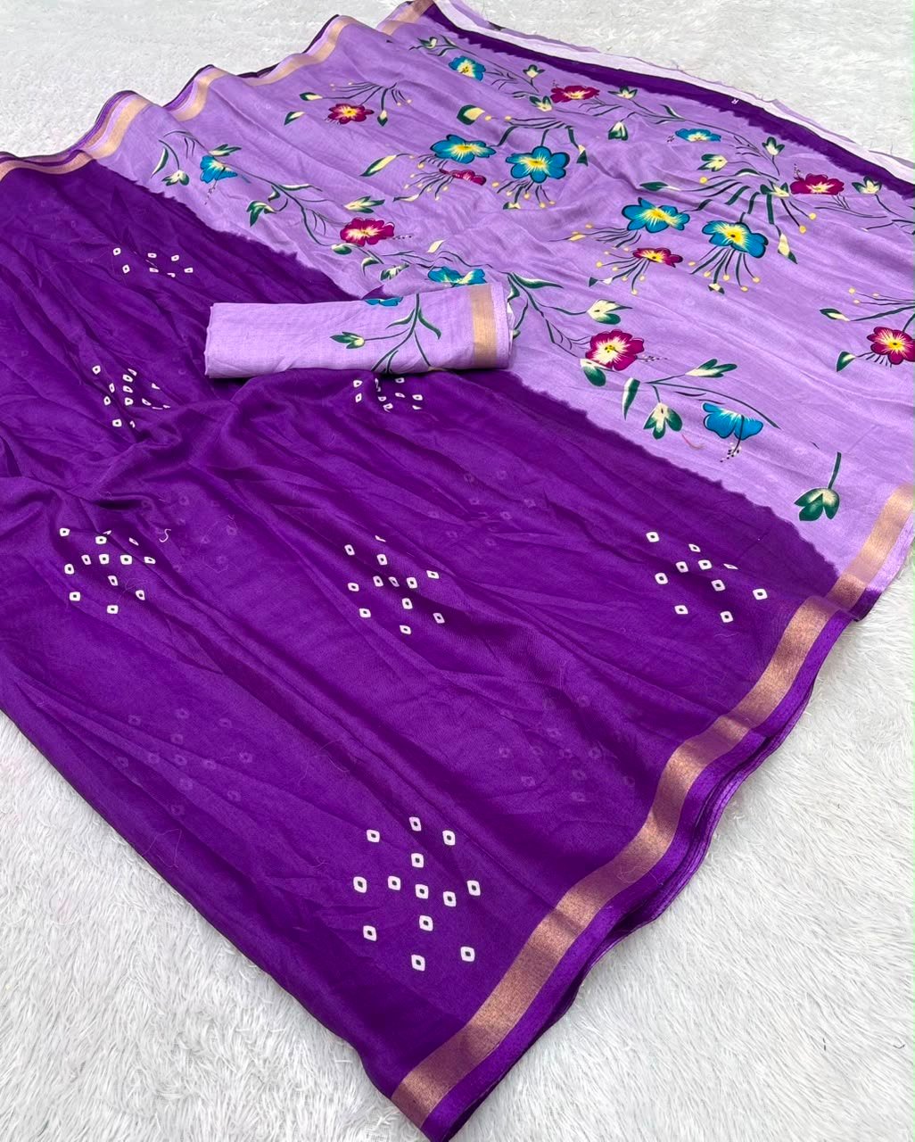 Premium Mul Cotton Silk Bandhej Design Saree with Traditional Zari Border - Image 4