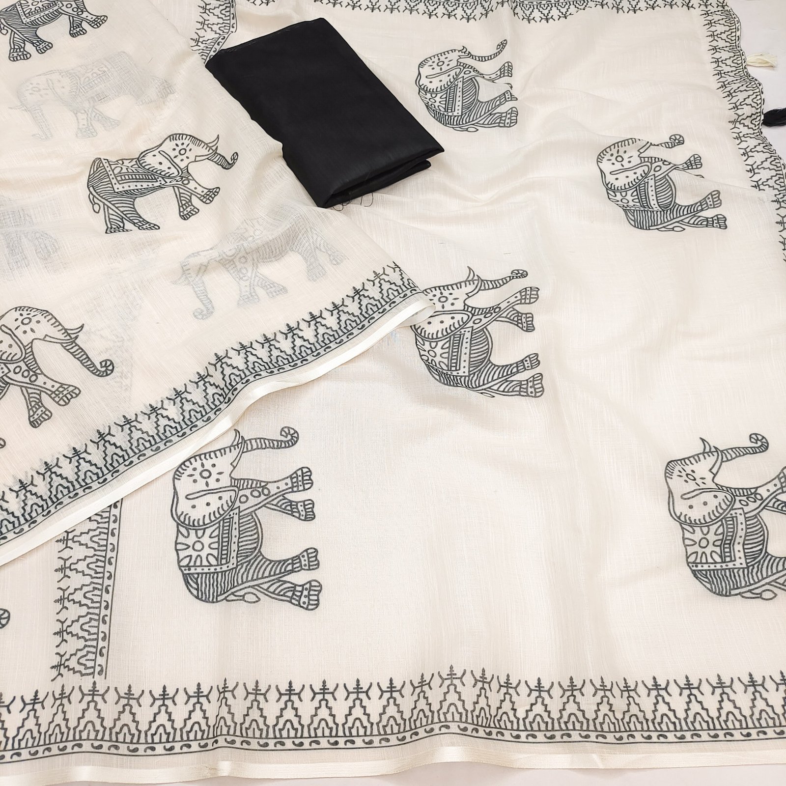 Premium Soft Linen Cotton Elephant Print Saree with Tassel Pallu & Unstitched Blouse - Image 5