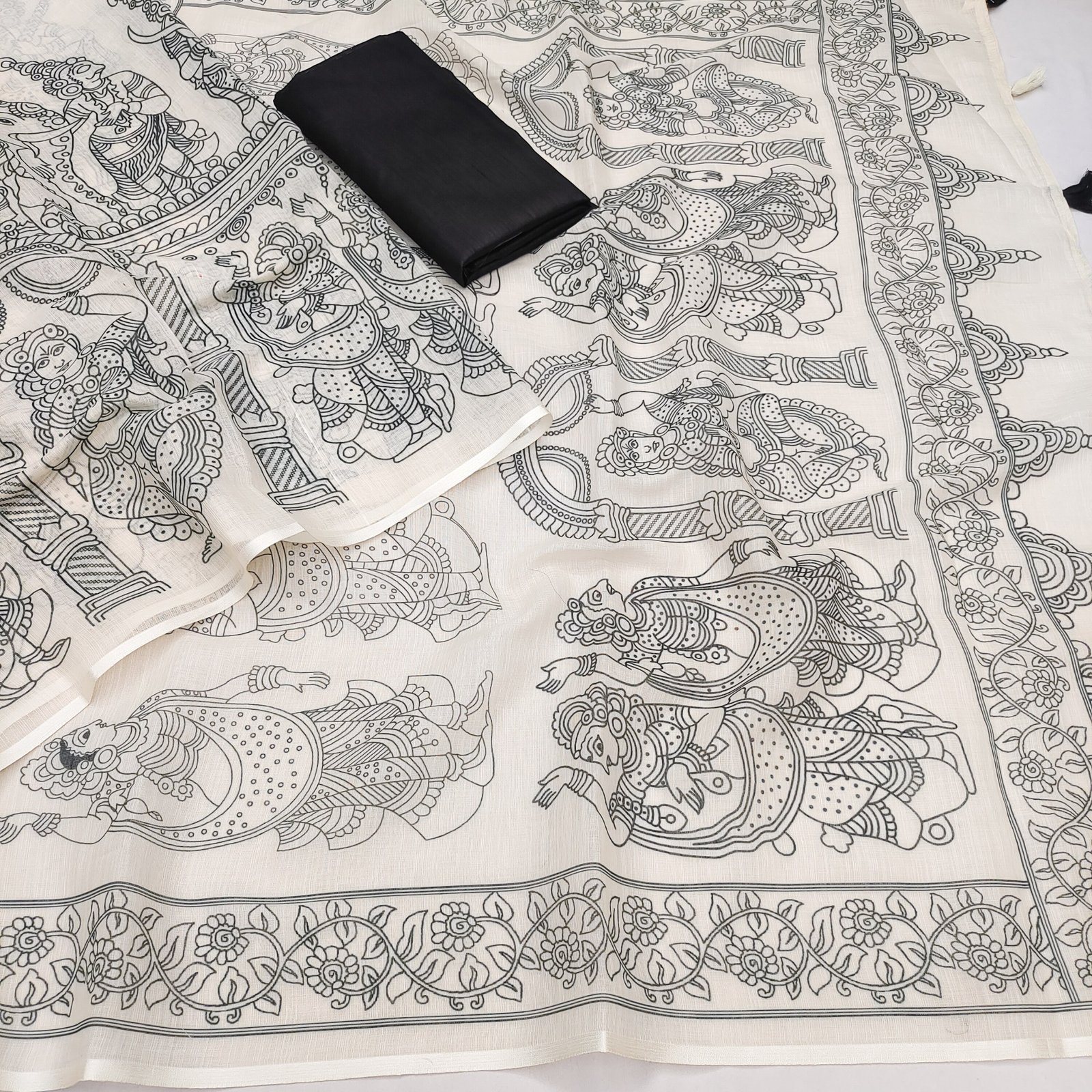 Premium Soft Linen Cotton Kalamkari Print Saree with Tassel Pallu & Unstitched Blouse - Image 4