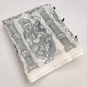 Premium Soft Linen Cotton Kalamkari Print Saree with Tassel Pallu & Unstitched Blouse