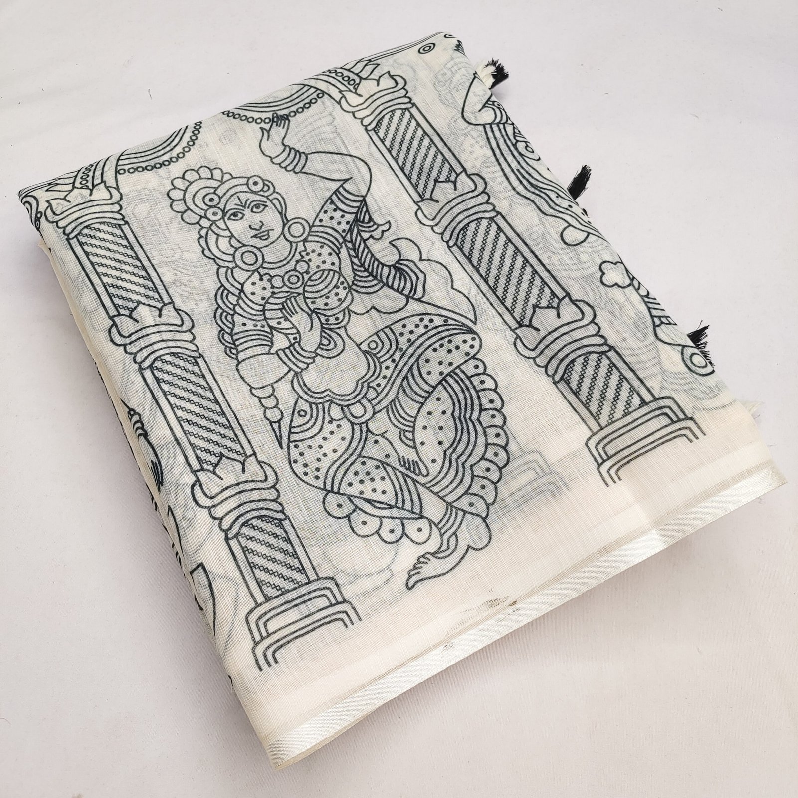 Premium Soft Linen Cotton Kalamkari Print Saree with Tassel Pallu & Unstitched Blouse