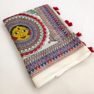 Premium Soft Linen Cotton Madhubani Print Saree with Tassel Pallu & Unstitched Blouse