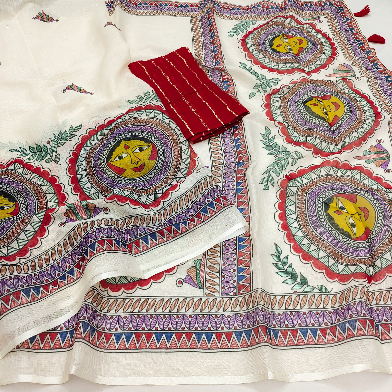 Premium Soft Linen Cotton Madhubani Print Saree with Tassel Pallu & Unstitched Blouse - Image 4