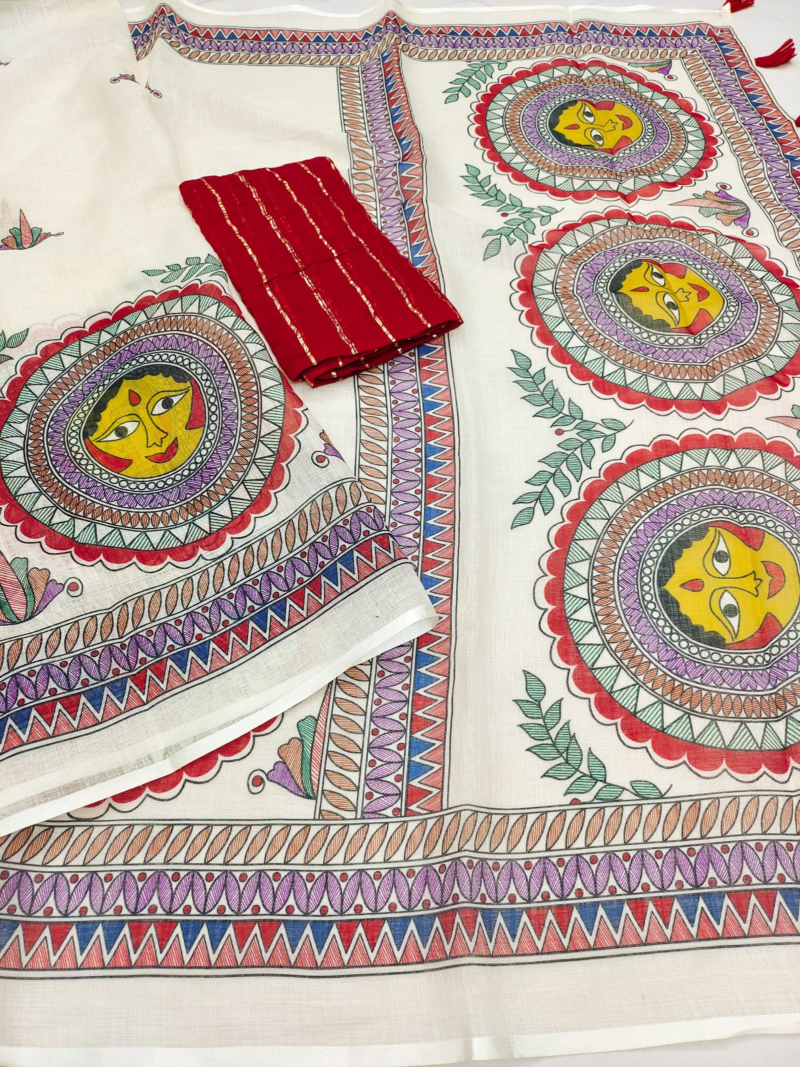 Premium Soft Linen Cotton Madhubani Print Saree with Tassel Pallu & Unstitched Blouse - Image 3