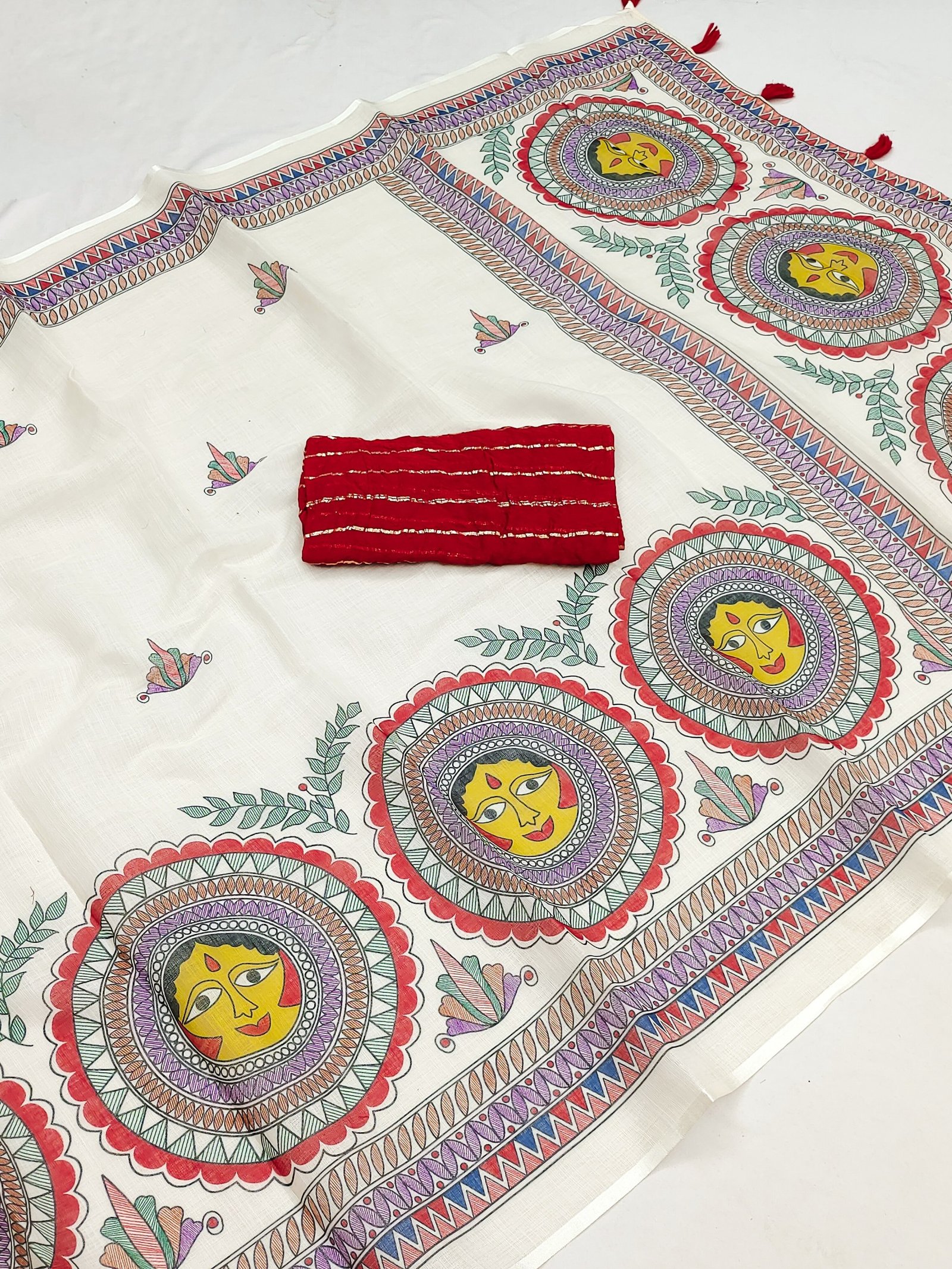 Premium Soft Linen Cotton Madhubani Print Saree with Tassel Pallu & Unstitched Blouse - Image 2