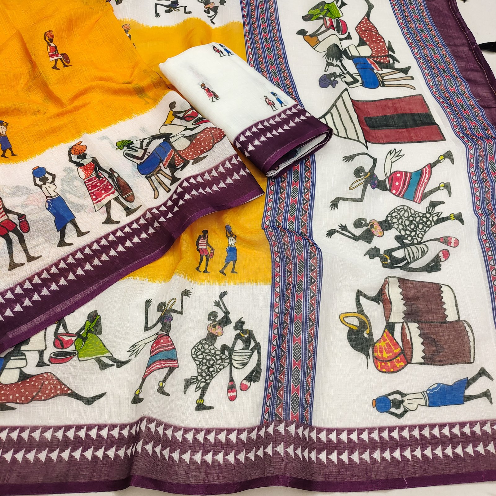 Premium Soft Linen Cotton Mustard Wine Warli Print Saree with Tassel Pallu & Printed Blouse - Image 3