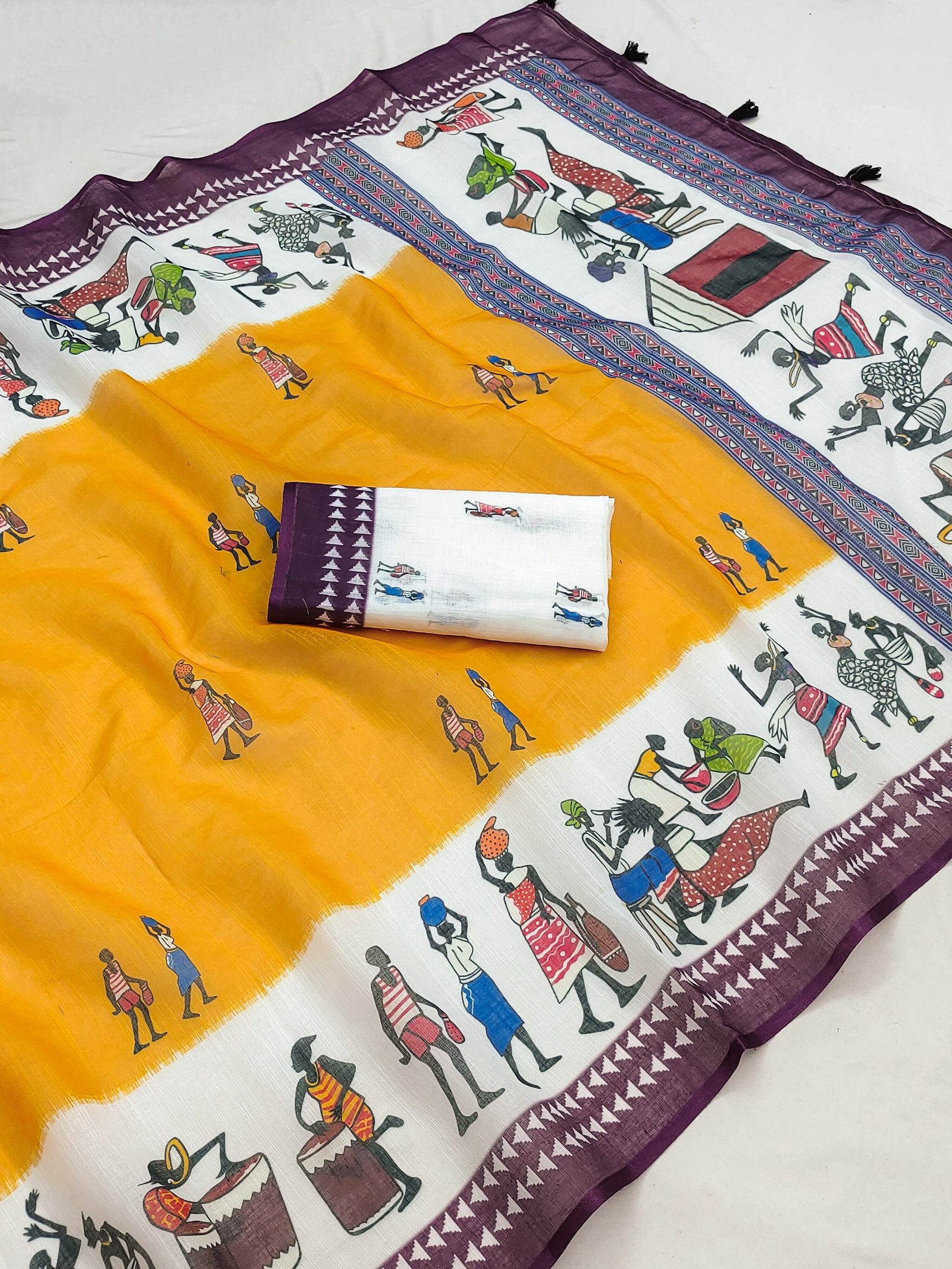 Premium Soft Linen Cotton Mustard Wine Warli Print Saree with Tassel Pallu & Printed Blouse - Image 4