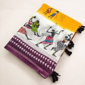 Premium Soft Linen Cotton Mustard Wine Warli Print Saree with Tassel Pallu & Printed Blouse