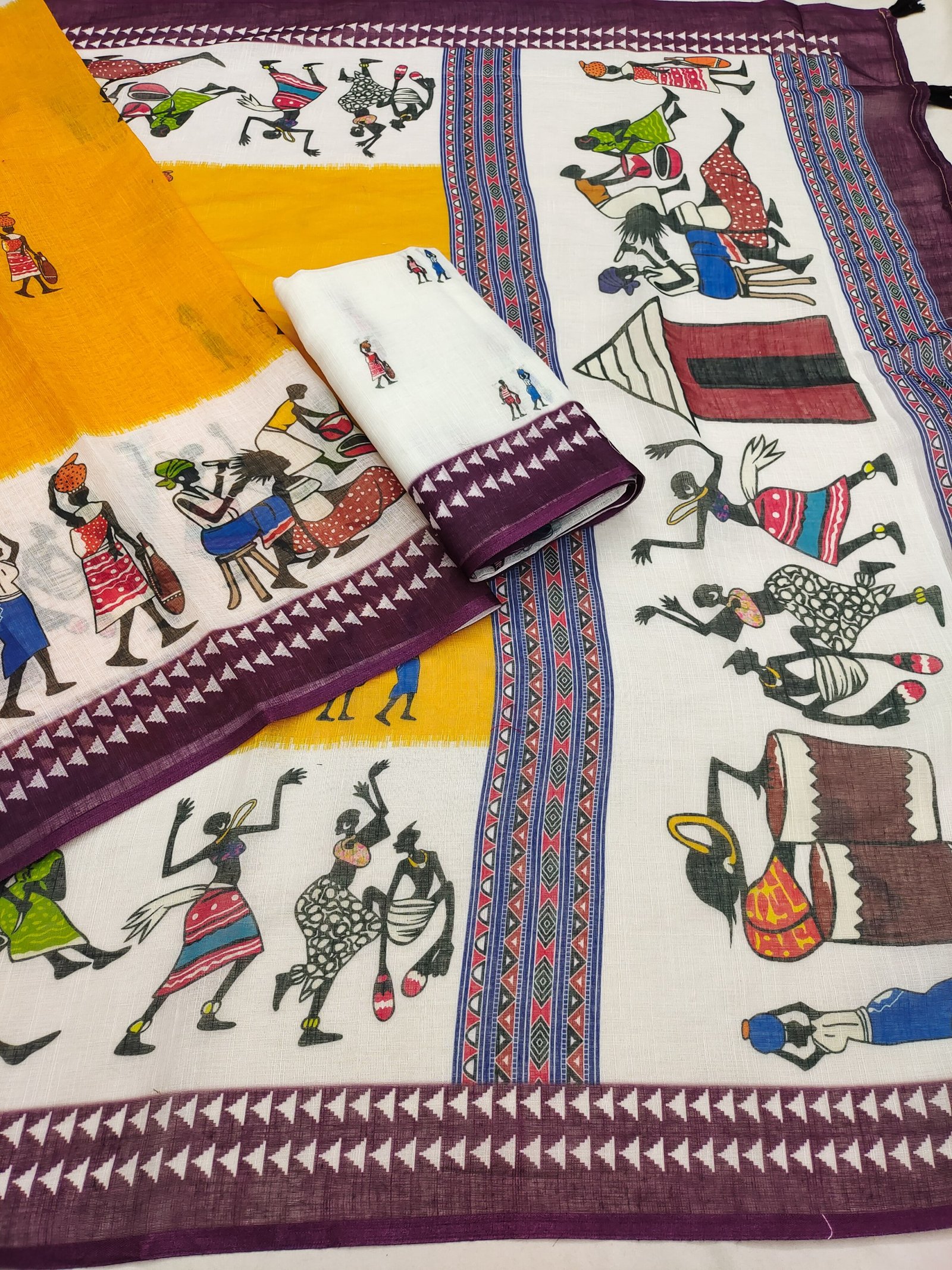 Premium Soft Linen Cotton Mustard Wine Warli Print Saree with Tassel Pallu & Printed Blouse - Image 2