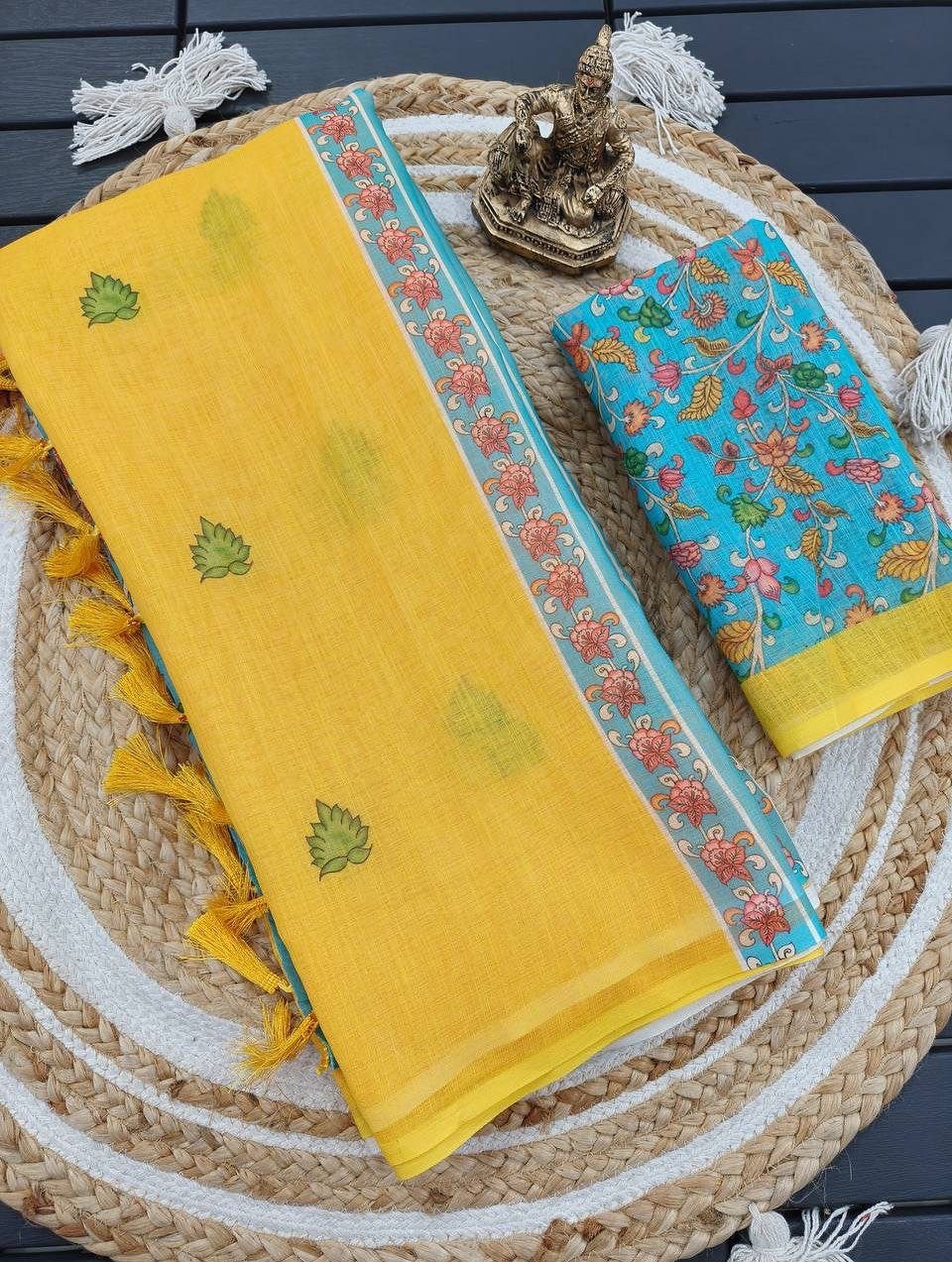 Premium Soft Linen Cotton Printed Saree with Tassel Pallu & Unstitched Blouse - Image 5