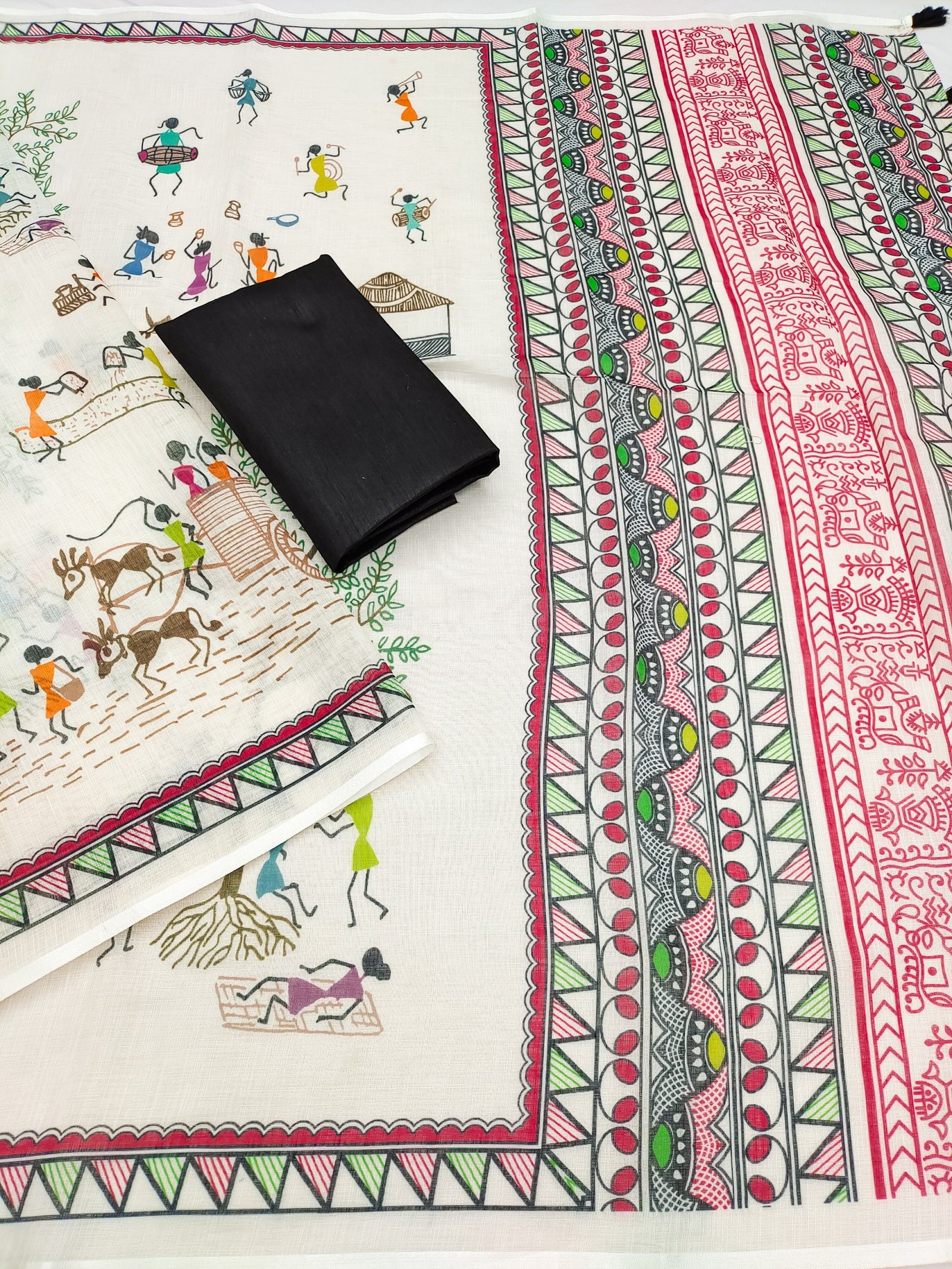 Premium Soft Linen Cotton Warli Multi Print Saree with Tassel Pallu & Unstitched Blouse - Image 5