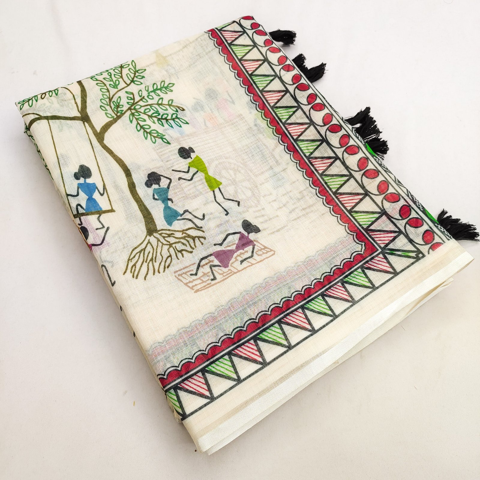 Premium Soft Linen Cotton Warli Multi Print Saree with Tassel Pallu & Unstitched Blouse - Image 3