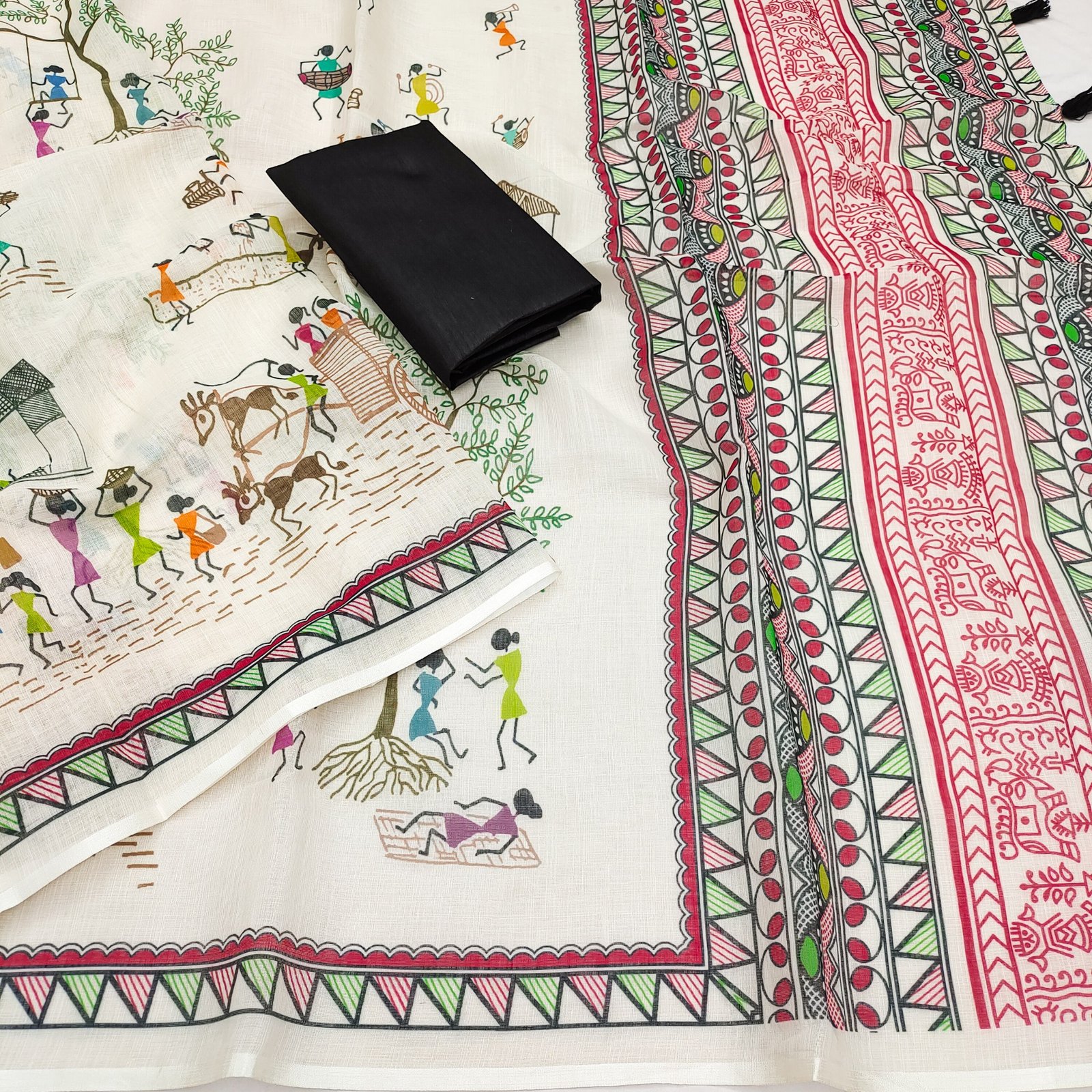 Premium Soft Linen Cotton Warli Multi Print Saree with Tassel Pallu & Unstitched Blouse - Image 4