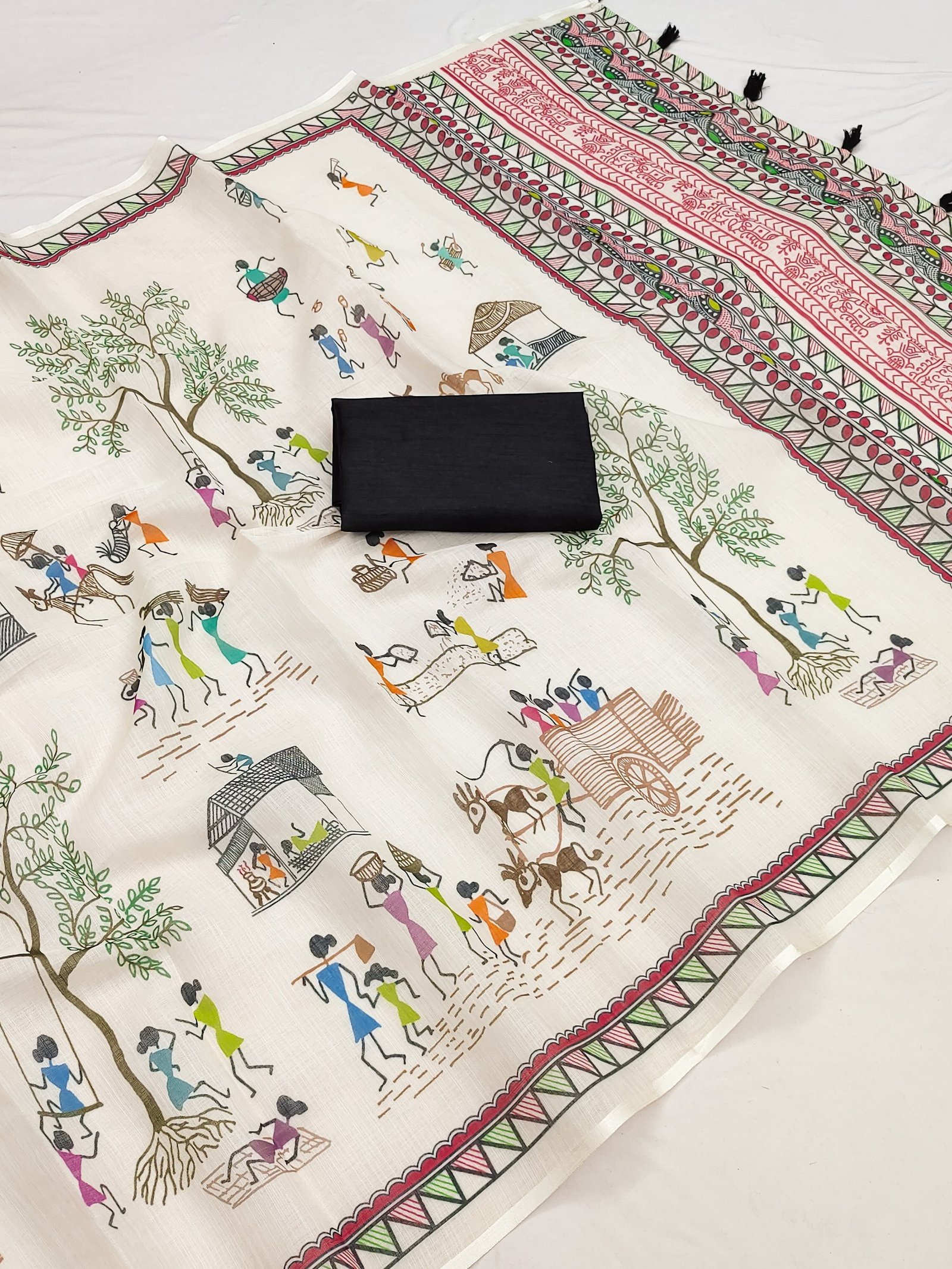 Premium Soft Linen Cotton Warli Multi Print Saree with Tassel Pallu & Unstitched Blouse - Image 6