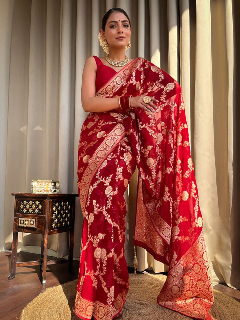 Red | Elegant Banarasi Soft Silk Saree | With Blouse Piece - Image 3