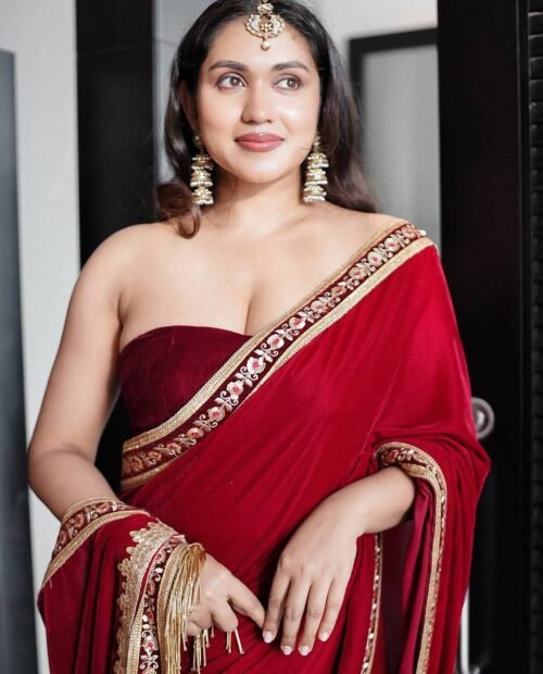 Red |  Velvet Saree with Embroidered Border | With Blouse Piece