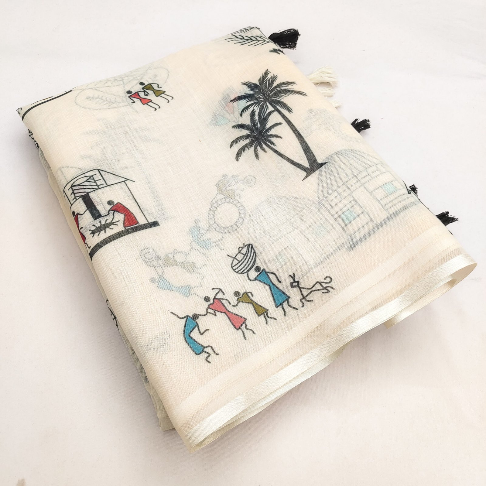 Soft Linen Cotton Warli Printed Saree with Tassel Pallu & Blouse Piece (WARLI-MULTI) - Image 3