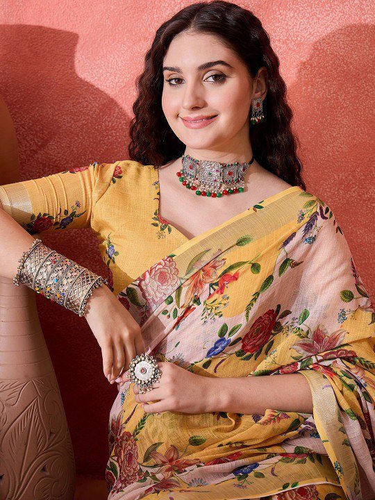 Summer Garden Floral Digital Print Linen Cotton Saree - Image 3