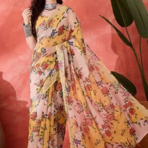 Summer Garden Floral Digital Print Linen Cotton Saree