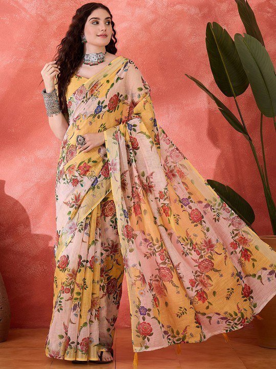Summer Garden Floral Digital Print Linen Cotton Saree - Image 5
