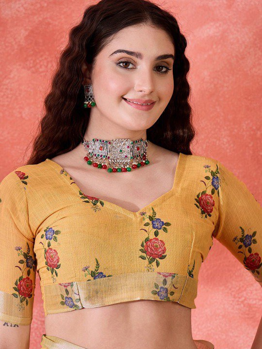 Summer Garden Floral Digital Print Linen Cotton Saree - Image 2