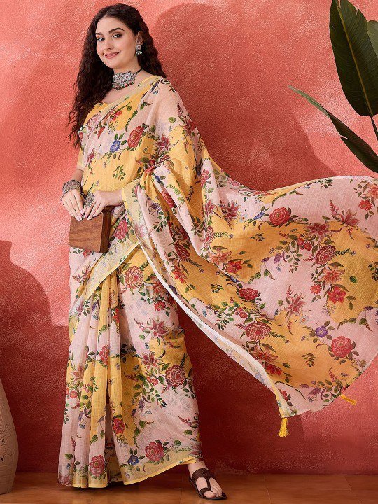 Summer Garden Floral Digital Print Linen Cotton Saree - Image 4