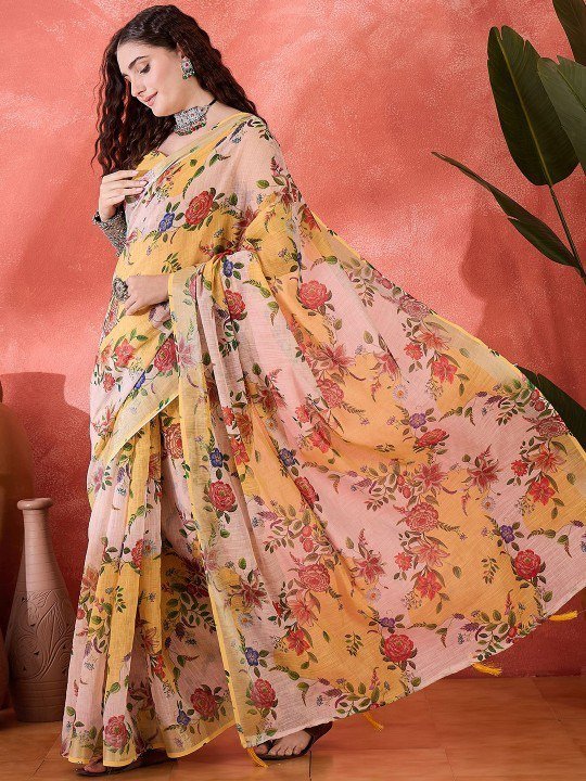 Summer Garden Floral Digital Print Linen Cotton Saree - Image 6