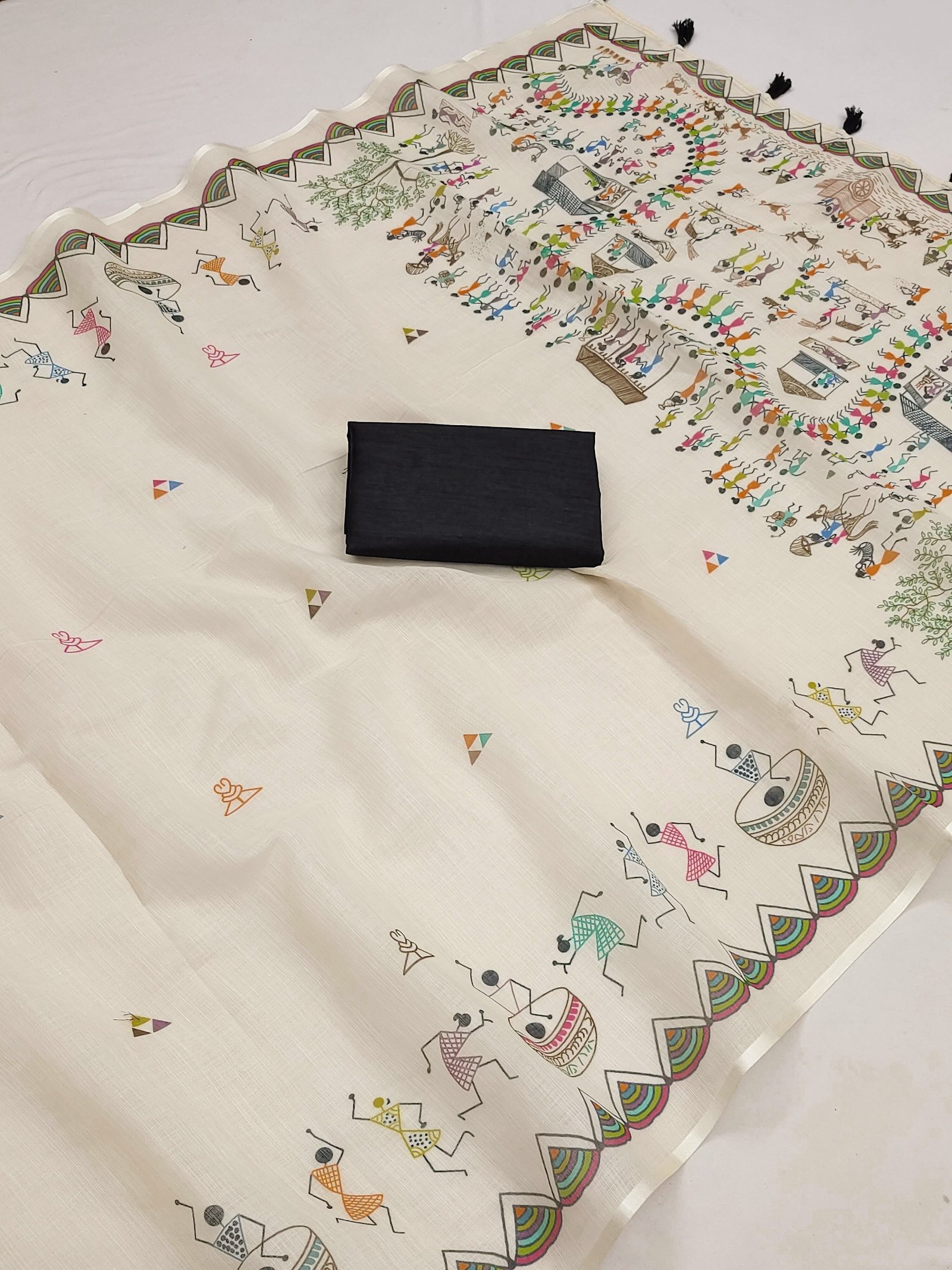 Warli Multi Soft Linen Cotton Printed Saree with Tassels & Blouse Piece - Image 5