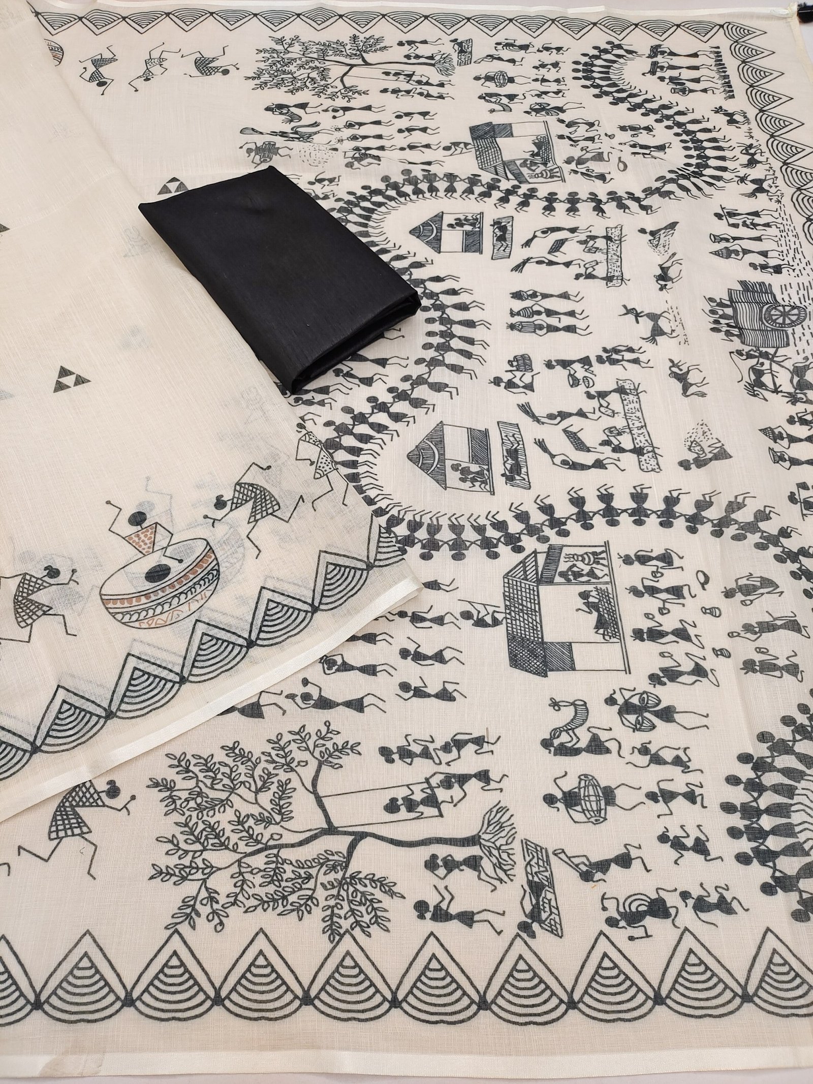 Warli Multi Soft Linen Cotton Printed Saree with Tassels & Blouse Piece - Image 6