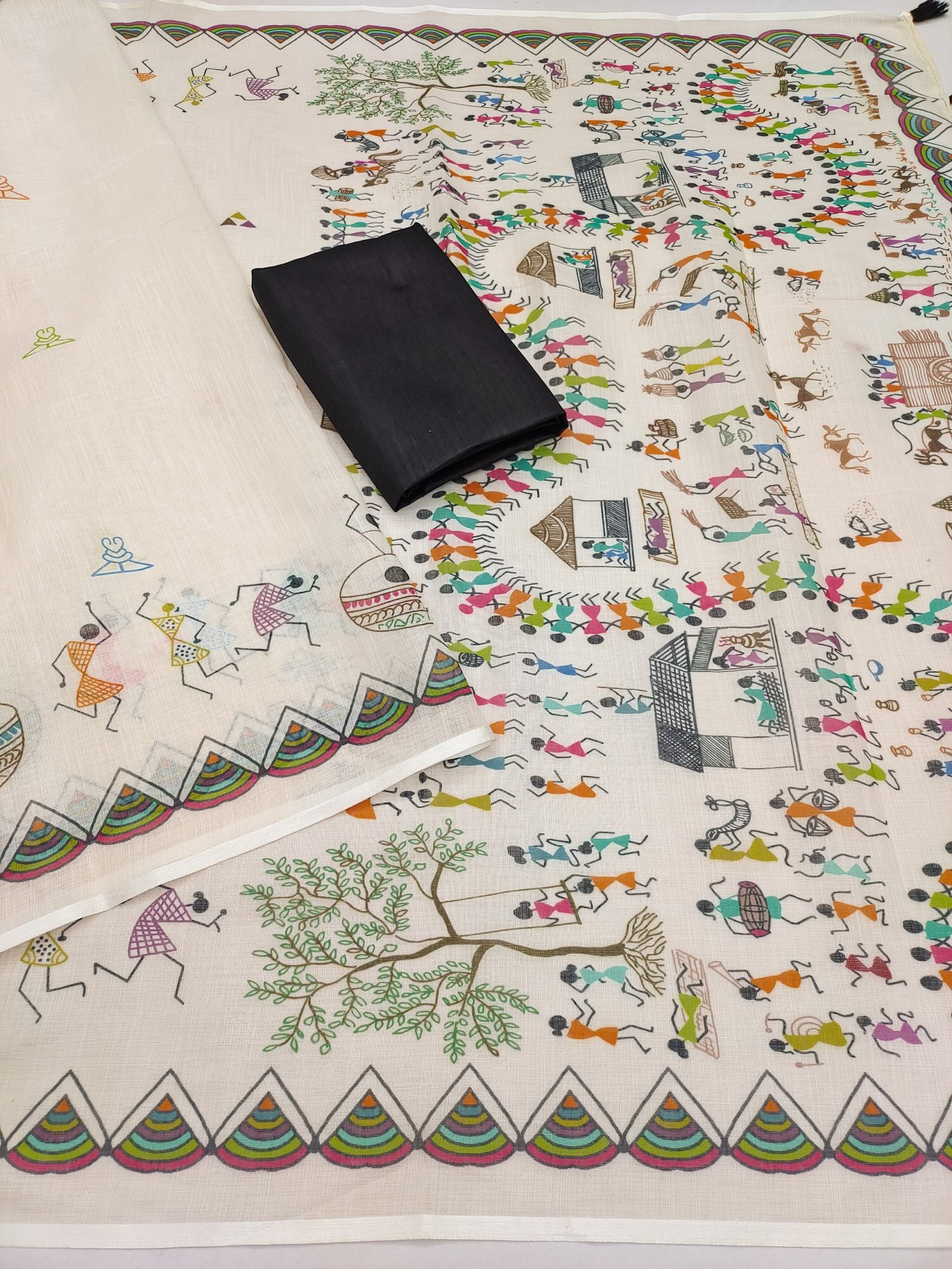 Warli Multi Soft Linen Cotton Printed Saree with Tassels & Blouse Piece - Image 6