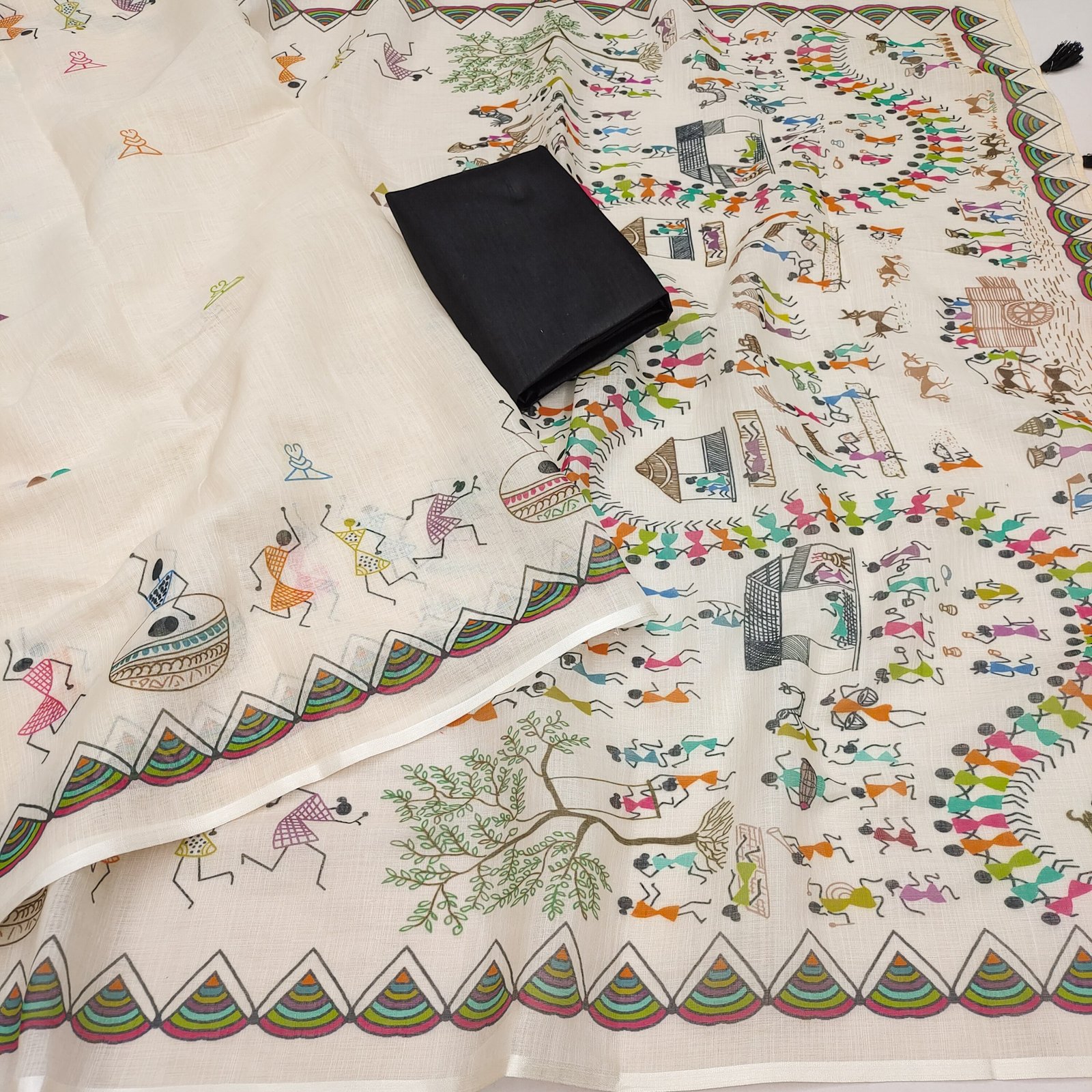 Warli Multi Soft Linen Cotton Printed Saree with Tassels & Blouse Piece - Image 7