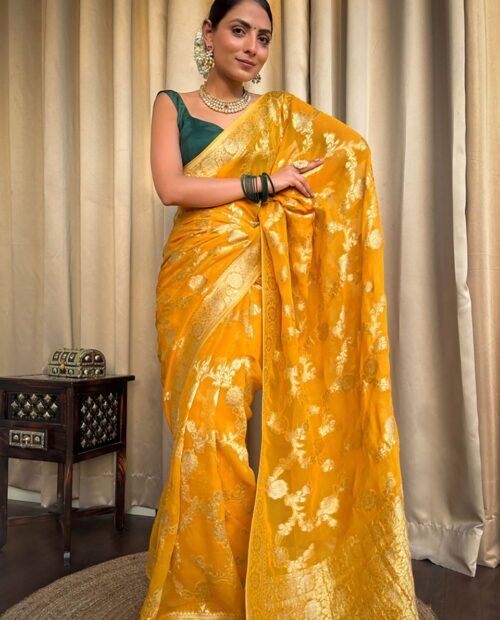 Yellow | Elegant Banarasi Soft Silk Saree | With Blouse Piece