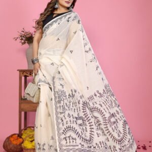 Warli Multi Soft Linen Cotton Printed Saree with Tassels & Blouse Piece