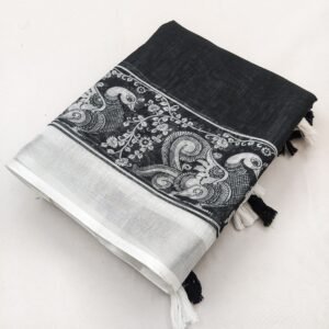 Premium Handloom Linen Cotton Black Peacock Print Saree with Zari Border & Tassel Pallu