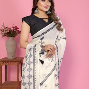 Premium Soft Linen Cotton Floral Print Saree with Tassel Pallu & Unstitched Blouse