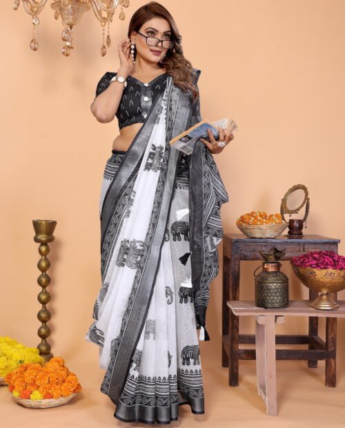 Handloom Linen Cotton Elephant Print Saree with Silver Zari Border & Tassel Pallu