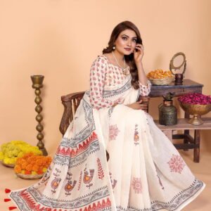 Premium Soft Linen Cotton Stylized Birds & Leaf Print Saree
