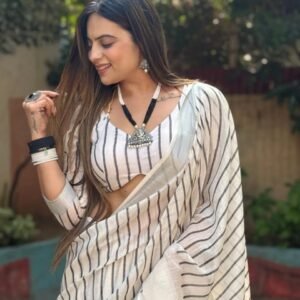 Elegant White Stripe Printed Linen Cotton Saree | With Blouse Piece