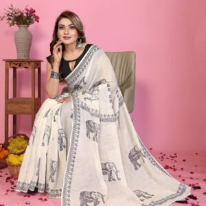 Premium Soft Linen Cotton Elephant Print Saree with Tassel Pallu & Unstitched Blouse